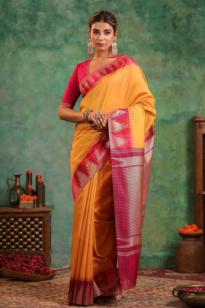 Mustard Silk Saree With Zari Weaving Border